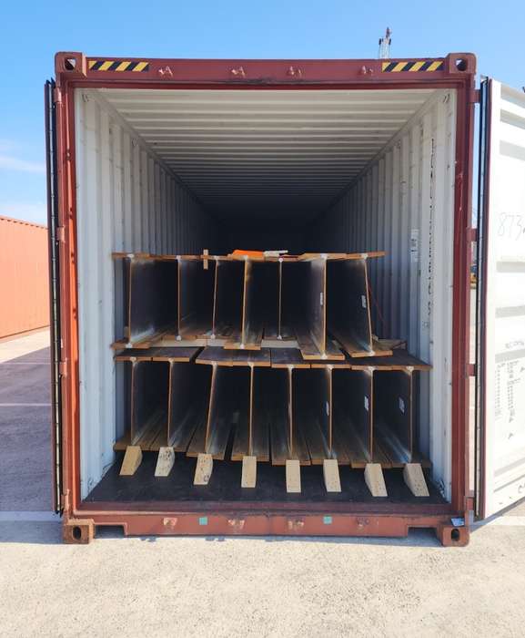 Sections stowed and blocked inside a container