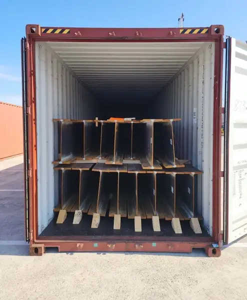 Sections stowed and blocked inside a container